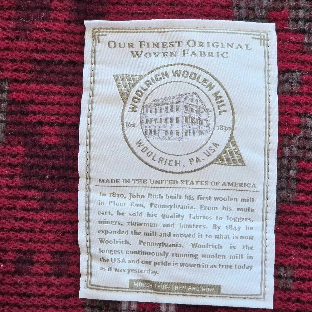 WOOLRICH Wool Throw Blanket USA Aztec Pattern Sherpa Back 56 x 68 Burgundy NWOT